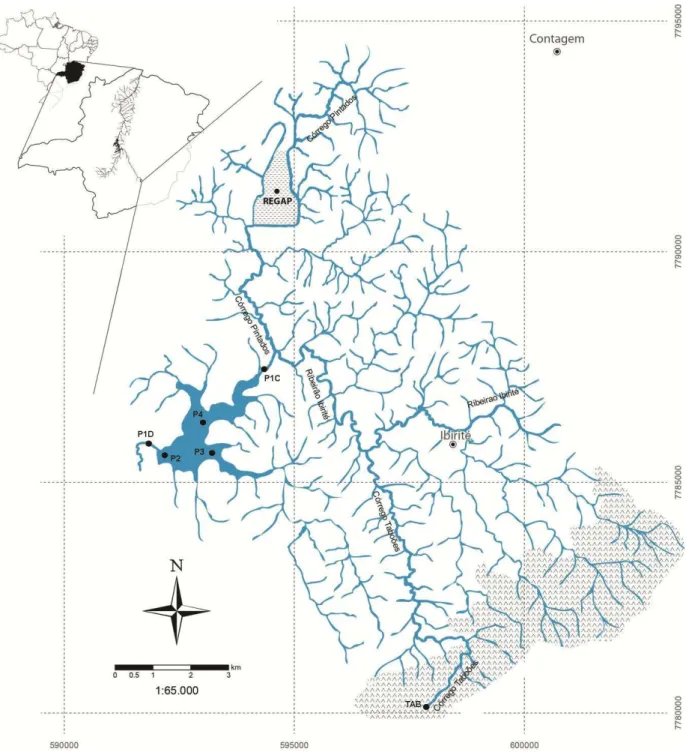 FIGURA  5.2  -  Localização  dos  pontos  amostrais  coletados  na  Represa  Ibirité  e  cursos de água