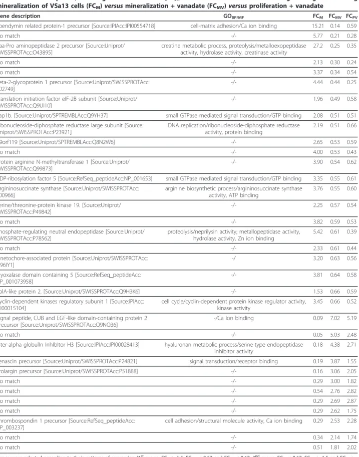 Table 3 Gene description (according to SAPD database [28]), GO classification and FC common genes regulated during mineralization of VSa13 cells (FC M ) versus mineralization + vanadate (FC MV ) versus proliferation + vanadate