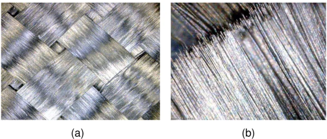 Figura 3. 1. Imagens da fibra de carbono, geradas por microscópio digital Dino- Dino-Lite AM-313T (a) fibra na forma de tecido bidirecional (Plain Weave), ampliação 