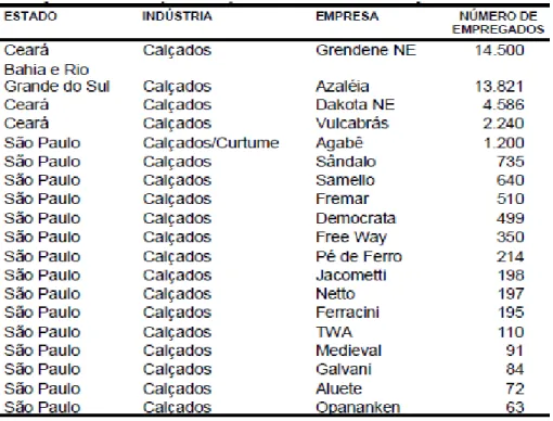Tabela 2.6 – Principais empresas de calçados do Brasil pelo número de funconários -  2002 