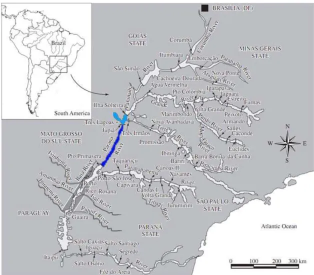 Figura 3. Mapa das represas de Jupiá (indicada acima) e Porto Primavera (indicada abaixo)  localizadas na bacia do rio Paraná (Modificado de Agostinho et al., 2008).