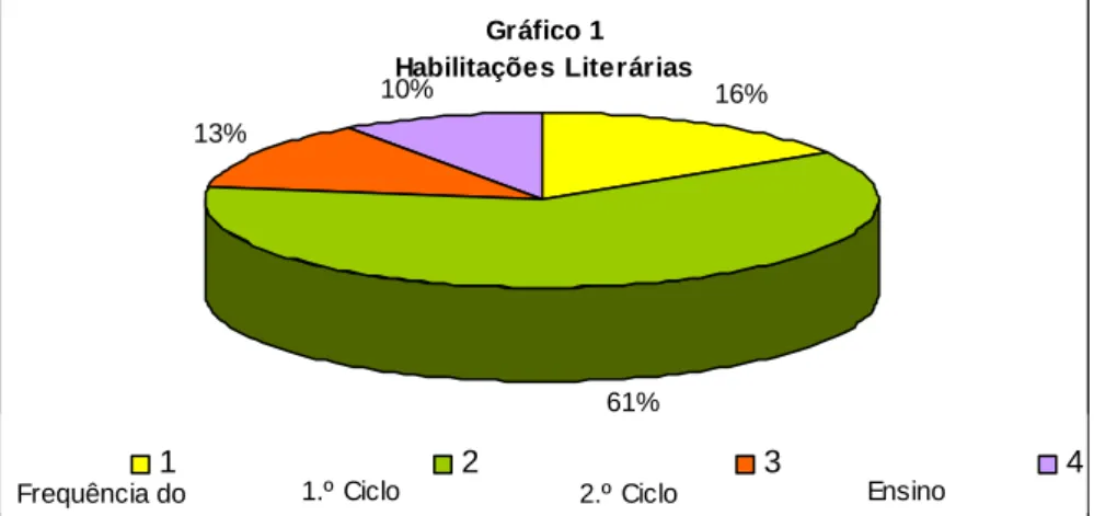 Gráfico 1   Habilitações Literárias 16% 61%13%10% 1 2 3 4