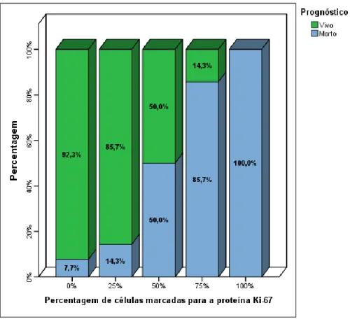 Gráfico 7  - Relação entre a “percentagem de células marcadas imunohistoquimicamente pela proteína  Ki-67” e o “prognóstico dos pacientes”