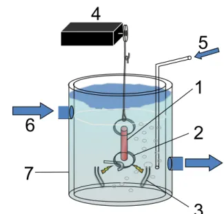 Figura  7.  Esquema  do  banho  de  solução  fisiológica.  Tira  ventricular  fixada  por  pressão  (1); 