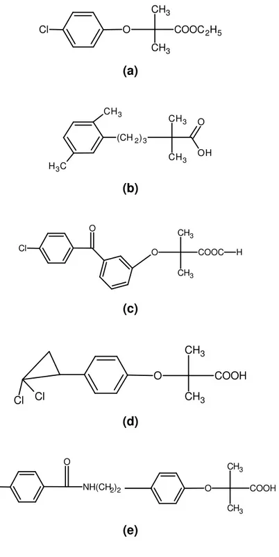 Figura  1.4-  Estruturas  moleculares  para  os  diferentes  ácidos  fíbricos  utilizados como fármacos hipolimientes, (a) clofibrato, (b) genfibrozila, (c) fenofibrato,  (d) ciprofibrato e (e) bezafibrato