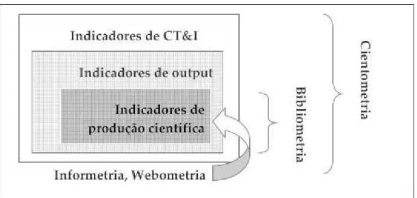 Figura 1  –  Relação das análises quantitativas da ciência com indicadores de C&amp;T   Fonte: Mugnaini (2006)