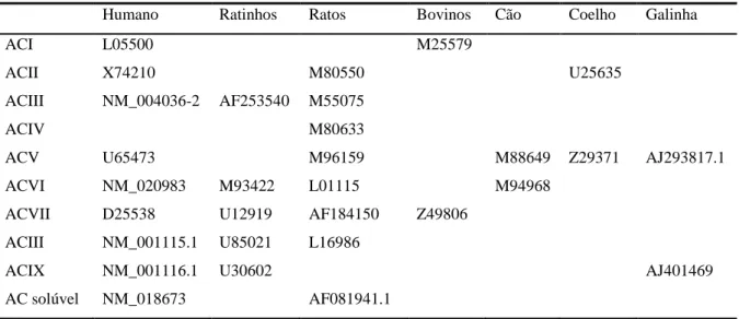 Tabela 1: Lista de isoformas de AC clonadas para diferentes espécies [62] 