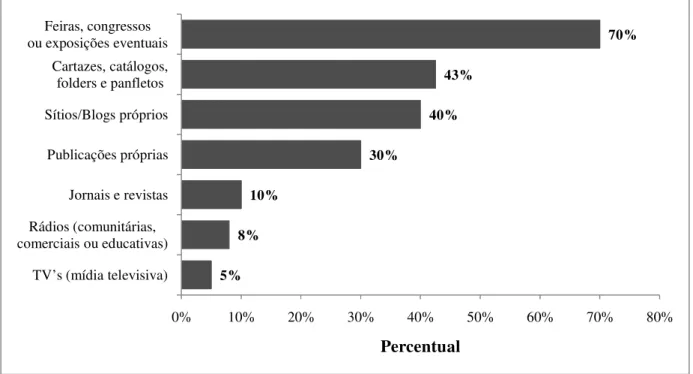 Gráfico 7-10 – Principais meios de divulgação utilizados pelos empreendimentos 5%8%10%30%40%43% 70%0%10%20%30%40%50%60%70% 80%TV’s (mídia televisiva)Rádios (comunitárias, comerciais ou educativas)Jornais e revistasPublicações própriasSítios/Blogs própriosC