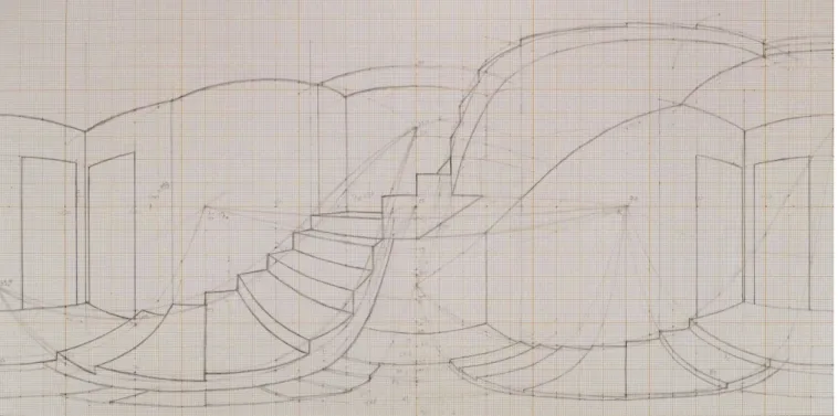 Figure 8: Equirectangular perspective of a stairwell, with stairs going up and down at 34 degree incline