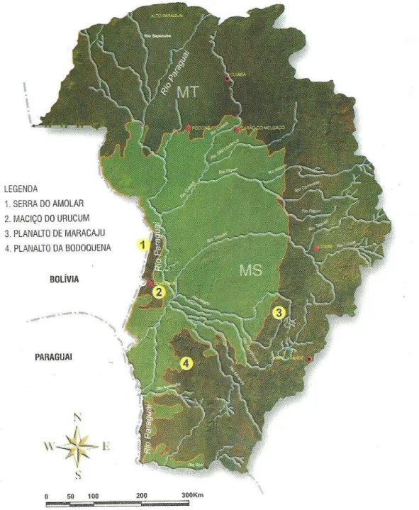 Figura  3. Mapa  da  porção  brasileira  da  Bacia  do  Alto  Paraguai,  destacando a planície pantaneira (em verde mais claro) e os planaltos que a  delimitam (1-4) (Uetenabaro et al