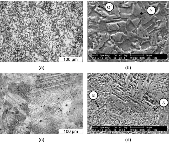Figura 5.4  Microestrutura da liga B obtida por meio de MO e MEV: (a),(b) liga  B como recebida; (c),(d) liga B solubilizada e temperada; (e),(f) liga  B solubilizada, temperada e imersa em nitrogênio