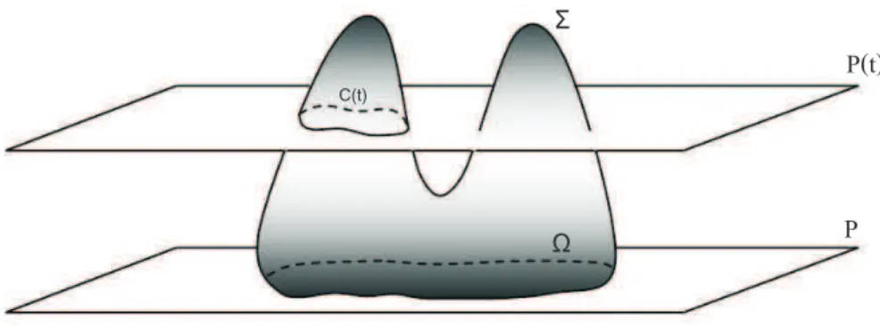 Figura 5.1: Superfície Σ gráfico compacto cujo bordo ∂ Σ está contido no plano P . Sejam Q um domínio em R 3 , limitado por Σ ∪ Ω e β uma curva em Ω(t) que une a e b, tal que β ∩ C(t) = ∅ .