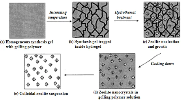 Figura  2.7  –  Representação  esquemática  da  síntese  de  zeólitas  usando  polímero  termorreversível (WANG, 2003)