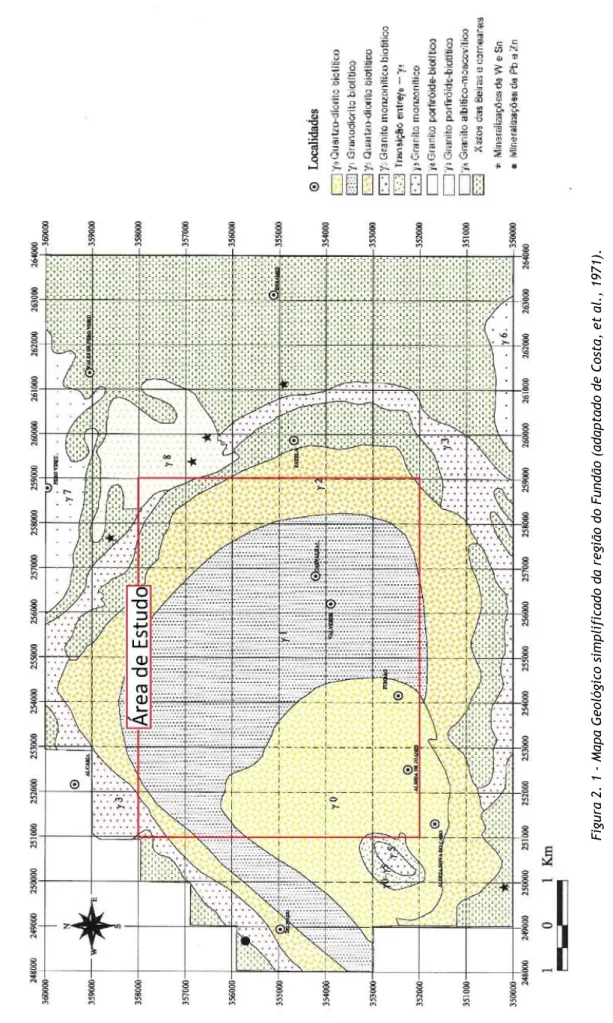 Figura 2. 1 - Mapa Geológico simplificado da região do Fundão (adaptado de Costa, et al., 1971).