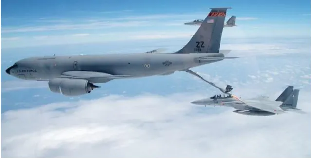 Figura  2.1  –  KC-135  Stratotanker  da  USAF  a  reabastecer  um  caça  F-15  Eagle  da  Força  de  Auto  Defesa  Aérea do Japão;