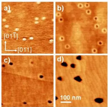 Figura 2.6: Imagens de AFM de anéis de InAs preparados com tempos de annealing de (a) 0s, (b) 30s, (c) 120s, e (d) 360s