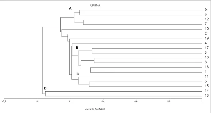 Figura  17:  Análise  de  agrupamento  entre  as  parcelas,  a  partir  de  dados  qualitativos  de  presença e ausência, amostrados no estrato regenerativo em trechos do Campus UFSCar-Sorocaba