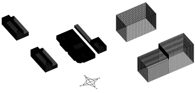Fig. 1. Grid generation in the kindergarten building and surrounding buildings. 