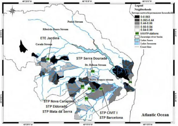 Figure 1.8*. Populated area connected to the sewage network within the River Jacaraipe basin,  Serra (ES) (PMS (2008) and IEMA (2009), adopted and modified from Lellis, 2010) 