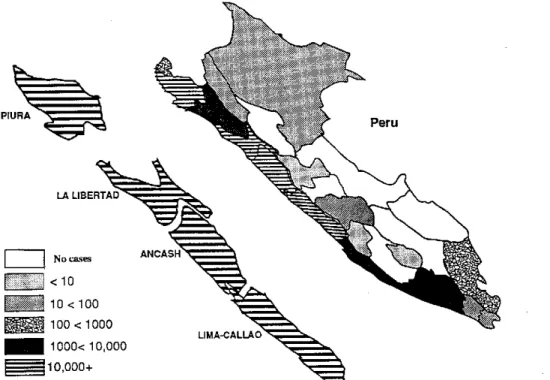 Figure 2. Areas affected  by  cholera  outbreak, by Department,  Peru, through 20 March  1991