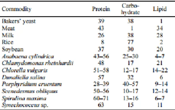 Table 3 – Composition of different human food sources and algae  (% dry matter) 