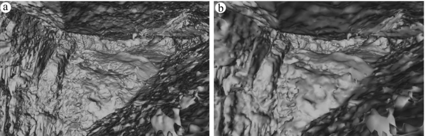 Fig. 5. Example of the cave chamber 3D-mesh obtained using Poisson Surface Reconstruction with an octree depth of 11 and 1  sample per node (a) and its simplification after the decimation process (b)