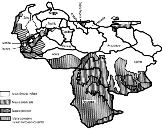 FIGURA 1.  Mapa de Venezuela que ilustra las 13 entidades federales donde trabajaban los fumigadores estudiados  y la situacibn de la lucha contra la malaria en 1983, un año antes del estudio 