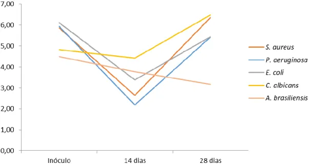 Figura 6 - Análise do crescimento microbiano ao longo de 28 dias por Challenge test.