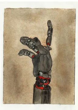 Figura 4.12: Scan de duas colagens de pinturas a aguarela de colunas de sequências de ADN e de um desenho de um  Cyborg, feito a caneta preta
