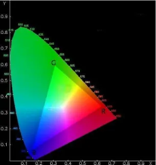 Figura 1: Diagrama de cromaticidade CIE, onde é perceptível a limitação cromática do RGB [Walter96] 