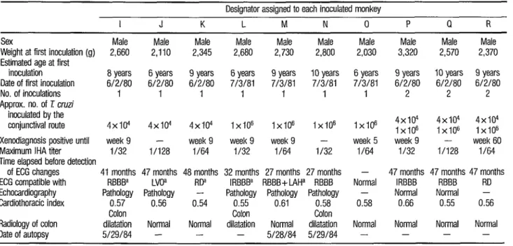 TABLE 3.  Summary of test results obtained with the 10 adult Cebus ape//a monkeys inoculated with the  CAM  strain of 1 cruzi