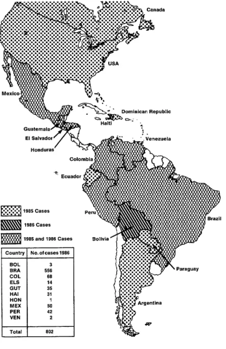 FIGURE  1.  Countries reporting poliomyeliis cases in the Americas, weeks l-40,  1986