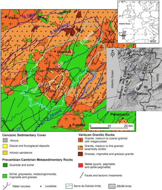 Fig. 1 Geological map of Serra da Estrela region (adapted from Oliveira et al. 1992). ZBUM River Zeˆzere Drainage Basin Upstream of Manteigas, BVMFZ Braganc¸a–Vilaric¸a–