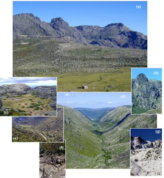Fig. 2 Pictures of the Zeˆzere river drainage basin upstream Mantei- Mantei-gas: (a) Nave de Santo Anto´nio alluvia (foreground), fluvioglacial deposits (intermediate plan) and Caˆntaros slopes (in the background);