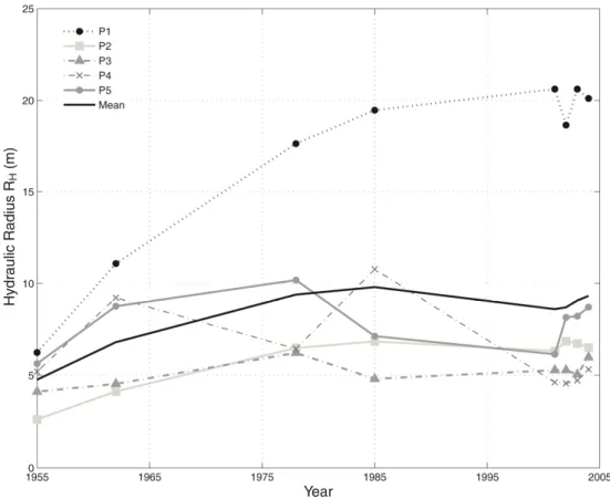 Figure II.9. R H  evolution for profiles P1 to P5 between 1955 and 2004 