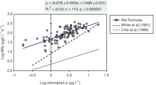 Figure 5  Relationships between chlorophyll a concentration and production of heterotrophic bacterioplankton (BP e ) in the Ria Formosa coastal lagoon  (SE Portugal) during the period 1991 – 93 (with adjusted regression line and regression equation)