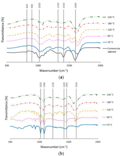 Figure 2a shows the FTIR spectra of the alginates obtained under the different hydrothermal conditions and after the CaCl 2 (1%) precipitation step