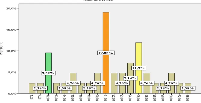 Gráfico 2 – Distribuição percentual  por anos de serviço. 