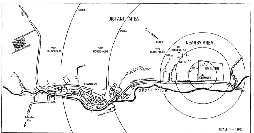 Figure  2.  A  map  of  Santo  Amaro  showing  the  “nearby”  study  area  (within  900  meters  of  the  smelter  chimney),  the “distant”  study  area  (9014,000  meters  from  the smelter  chimney),  and the numbers  of 