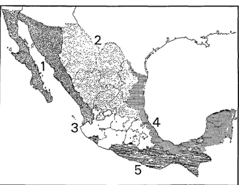 Figure  1.  A  map  of  Mexico  showing  the  geographic  regions  cited  in  Tables  3,  4,  8,  and  9