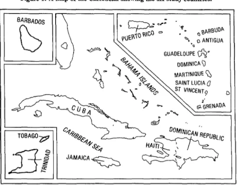 Figure  1.  A  map  of  the  Caribbean  showing  the  six  study  countries. 