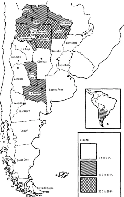 Figure  1.  A map  of Argentina  showing  provinces  with  relatively  low,  moderate,  and  high  prevalences  of Chagas’  disease, as indicated  by  serologic  data  obtained  from  males  18 years  of age in  1981
