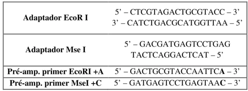 Tabela 2.3 - Sequência nucleotídica dos adaptadores e dos primers de pré-amplificação AFLP