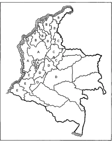 FIGURA  3-Desempeño  cuantitativo  de  los  hospitales  re-  gionales  por  regiones  geopolíticas,  Colombia,  1980