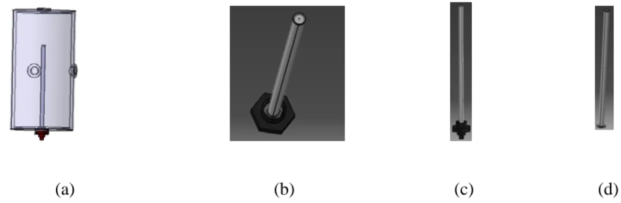 Figure 4: Views of the vaporizer system: a) complete vaporizer system, b) two pipes of the vaporizer, c) inner pipe, d) outer  pipe