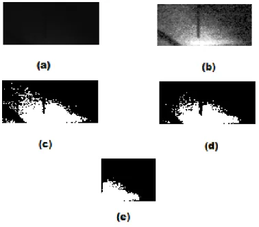 Figure 8: Post-processing evolution - (a) image in grayscale; (b) image intensity values readjusted; (c) binary  image; (d) binary image cleaned; (e) half image
