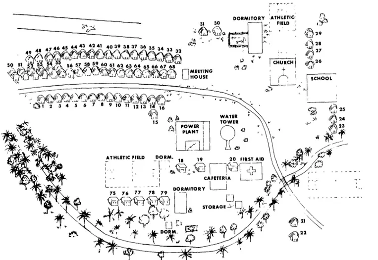 Figure  2.  A  schematic  drawing  of  the  village  of  Rinc6n  de1 Tigre.  Houses  of  Ayoreo  Indians  (numbered  l-15  and  32-68)  are  located  to  the  left  of  the  meeting  house,  and  the  houses  of  Chiquitano  Indians  (numbered  21-31)  are