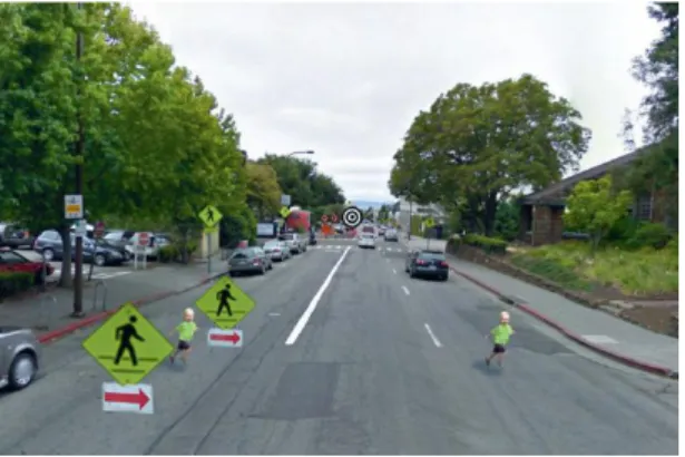Figura 2.1 - Crowding na condução – Ao focar os trabalhos no fundo da rua, não conseguimos distinguir a  criança do lado esquerdo devido aos sinais de trânsito, porém conseguimos reconhecer a criança do lado 