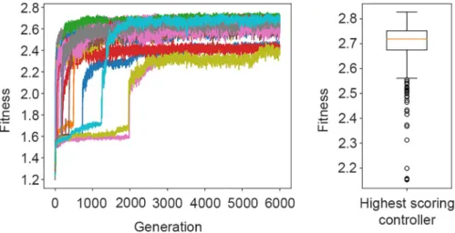 Fig 1. Left: Fitness trajectories of the highest-scoring controllers evolved in each evolutionary run