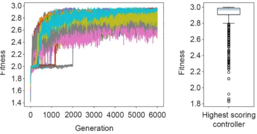 Fig 4. Left: Fitness trajectories of the controllers in each of the 6000 generations. Right: Distribution of the post- post-evaluation fitness scores achieved by the highest-scoring controller.